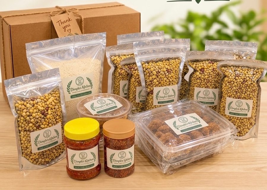 A Dimple's Kitchen delivery box with pickles, laddoos and snacks